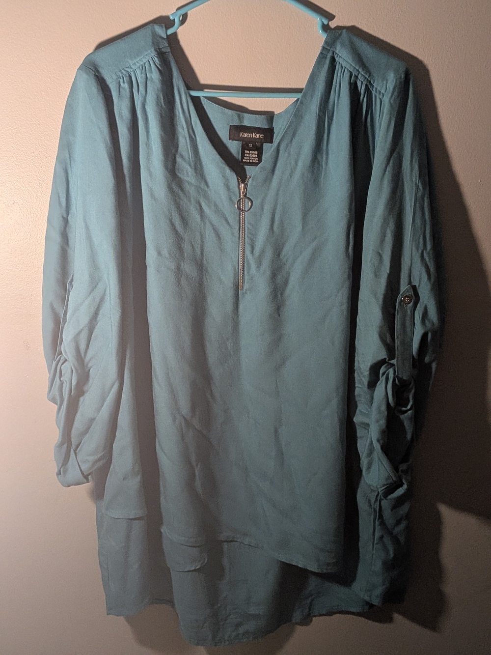 Karen Kane Teal V-Neck Half-Zip Roll-Tab Blouse